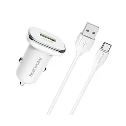 Автомобільний зарядний пристрій Borofone BZ12A USB QC 18W білий + кабель USB to Type-C
