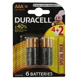 Батарейка AAA (LR03), лужна, Duracell Duralock Basic, 6 шт, 1.5V, (MN2400 6BL)