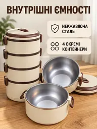 Ланч-бокс термо 2,8 л 4-ярусний з нержавіючої сталі з термосумкою для їжі 28×14 см, бежевий (49676380) - мініатюра 2