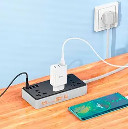 Мережевий фільтр-подовжувач HOCO AC7-A 3 розетки + 3 USB + USB-C, 17 Вт, 220 В, кабель 1,5 м, чорно-білий - мініатюра 4
