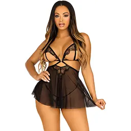 Сорочка бебі-дол з відкритими чашками Leg Avenue Lace and mesh Babydoll & panty Black M, стрінги - мініатюра 5