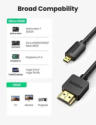 Перехідник кабель UGREEN Micro HDMI-HDMI 2.0 4K 60 Гц підтримка 3D, Ethernet, HDR, ARC 1 м (30148) - мініатюра 4