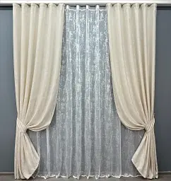 Комплект штор з тюлем VR-Textil Жакард Мармур, молочний з білим, 2 штори 100×270 см + тюль 400×270 см, арт. 71-021/2