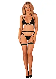 Комплект білизни Obsessive Selinne 3-pcs set M/L Black, бюстгальтер, стрінги пояс для панчіх - мініатюра 6