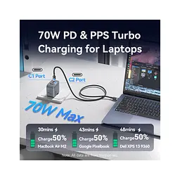 Зарядний пристрій Vention 2xUSB-C PD 70 Вт + 1xUSB QC 3.0 22.5 Вт GaN + кабель USB-C — USB-C 1.0 м чорно-сірий (TZ-FEXH0-EU) - мініатюра 7