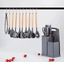 Набір кухонного приладдя Сірий на підставці TS Kitchen 19 штук із силікону з бамбуковою ручкою - мініатюра 5