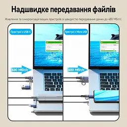 Кабель 4-в-1 Vention CTLLF USB-C/USB-A - USB-C/Micro-USB PD 100 Вт 1 м синій (CTLLF) - мініатюра 4