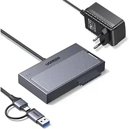Адаптер HDD/SSD UGREEN D320 USB-C SATA 7+15 pin та M.2 M-Key одночасна робота M.2 NVMe і SATA до 10 Гбіт/с SATA HDD/SSD 2,5″/3,5″ M.2 NVMe M-Key/B+M-Key 2230/2240/2260/2280 для 3,5″ HDD потрібен комплектний блок 12 В/2 А Windows macOS Linux ChromeOS Plug-and-Play вимикач індикатор UASP S.M.A.R.T. TRIM перенесення SATA → M.2 за допомогою ПЗ магнітна кришка монтаж без інструментів вбудований кабель USB-C з перехідником USB-A 0,5 м сірий (75621EU)