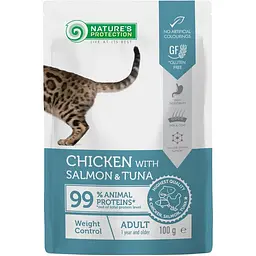 Вологий корм для котів Nature's Protection Weight Control Chicken with Salmon & Tuna шматочки з куркою, лососем та тунцем у соусі 100 г