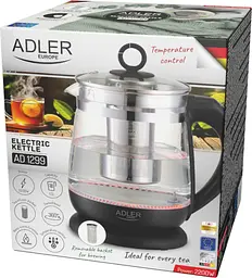 Електрочайник Adler AD 1299 1850-2200Вт/1.5л/скло/заварник/встановлення температури/чорний (AD1299b)