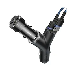 АЗП Baseus Y type dual USB + cigarette lighter extended car charger Чорний - мініатюра 2