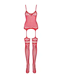 Бодістокінг Obsessive Bodystocking F214 red S/M/L, імітація корсета та панчіх на підв’язках - мініатюра 5