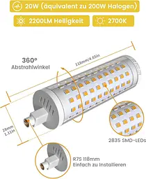 Світлодіодна лампа Bonlux 20W R7s 118 мм Dimmable Warm White 3000K 2000LM Замінити галогенну лампу 200W J118 J Тип - мініатюра 2