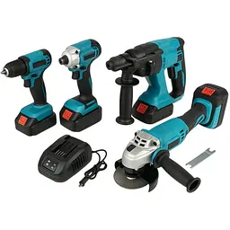 Набір електроінструментів Makita 4 в 1 Шуруповерт Гайковерт Перфоратор Болгарка два акумулятори в кейсі 36Вт Синій з чорним