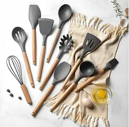 Силіконовий кухонний набір приладдя Kitchen & Dining 12 предметів (дерево+силікон) графітовий - мініатюра 8