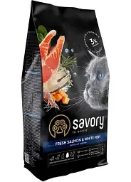 Сухий корм для довгошерстих кішок Savory зі свіжим лососем і білою рибою 2 кг