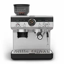 Krups Кофеварка ріжкова Precision+, 3.5л, вдубована кофемолка, ручний капучинатор, 15 бар, чорний-сірий