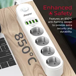 Power filtr 2.0м Energizer 4 розетки, 4xUSB 3.4A, з заземленням білий - мініатюра 8