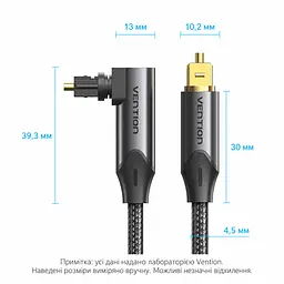 Оптичний аудіокабель Toslink Vention 2 м тослінк 2 оптичні штекери S/PDIF кутовий штекер 90° і прямий штекер 2-канальний PCM або стиснене багатоканальне аудіо за підтримки пристроїв конструкція з обертанням на 360° чорний (BKDBH) - мініатюра 2