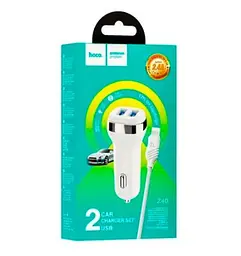 Автомобільний зарядний пристрій АЗП 12-24V HOCO Z-40+ кабель Lighting, 2xUSB, 2.4A, кабель 1 м, білий - мініатюра 2