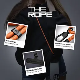 Універсальний ремінець-шнурок для смартфона, Rope, black tangerine, нейлоновий, міцний, регульований по довжині, з тримачем для чохлів з вирізом для зарядки, кросбоді, підходить для носіння на шиї та через плече, ArmorStandart (ARM76094) - мініатюра 4