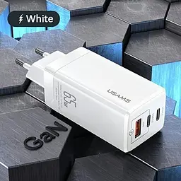 Зарядний пристрій на 3 виходи usb Usams GaN Mini US-CC110 65 W 5a (CC110TC02) A + 2*C біле - мініатюра 5