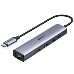 Хаб USB CM475, Grey, Type-C 3.0 - 1xType-C (100 Вт) / 3xUSB 3.0 / GLAN, кабель 15 см Ugreen teh0027587