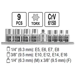 Набір головок Yato TORX Е5-Е16 квадрат 1/4" торцеві з перехідником M=3/8", 9 шт. (YT-0520) - мініатюра 4
