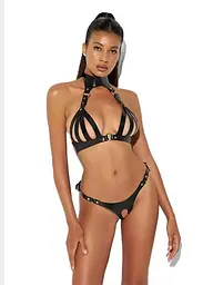 Еротичний комплект білизни з екошкіри Ari Leather Bra з відкритим бюстгальтером та стрингами з вирізом Розмір S-L — БДСМ набір - мініатюра 4