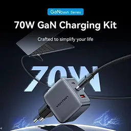 Зарядний пристрій Vention 2xUSB-C PD70W + 1xUSB QC3.0 22.5W GaN + cable USB-C to USB-C 1.0m black gray (TZ-FEXH0-EU) - мініатюра 4