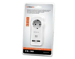 Мережевий зарядний пристрій з розеткою REAL-EL CS-30 (2USB, 3.1A) Білий