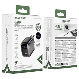 Адаптер мережевий AceFast GaN charger USB-C with digital display A135 1Type-C, 40W/3A, PD/QC - мініатюра 2