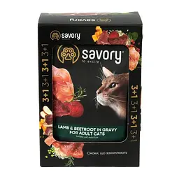 Набір вологих кормів Savory 3+1 для дорослих кішок, ягня з буряком у соусі, паучі, 4 шт. 85 г - мініатюра 3