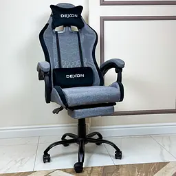 Геймерське крісло DEXON ORION X з підставкою для ніг, з тканини+подушки велюр, металева хрестовина, Сірий - мініатюра 2