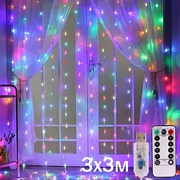 Гирлянда штора от USB разноцветная RGB 3х3 м USB 300 LED с пультом нитей (линий) 10 шт.