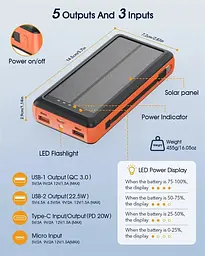 Зарядний пристрій на сонячних батареях Powerbank 619S 20000mAh із ліхтариком та швидкою зарядкою - мініатюра 2