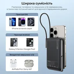 Повербанк 10000mAh Choetech B735 Black QC3.0 PD3.0 бездротова магнітна зарядка, вбудований кабель, підставка (43-00149) - мініатюра 7
