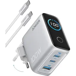 Мережевий зарядний пристрій Anker GaN Charger 100W, 2xUSB-C PD & 1xUSB-A w Display and Cable Silver (7232957)