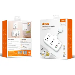 Подовжувач мережевий LDNIO SC2413 3USB/1Type-C, 3Sockets. QC/PD, 20W/10A, EU Plug - мініатюра 2