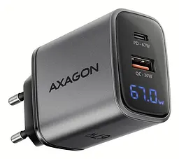 Мережевий зарядний пристрій з дисплеєм AXAGON ACU-PQ67D, 2x port (USB + USB-C), PD3.0/QC4+/PPS/Apple, 67W, сірий