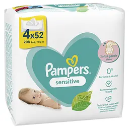 Уцінка. Дитячі вологі серветки Pampers Sensitive, 208 шт. (4 упаковки по 52 шт.) - мініатюра 2