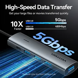 Хаб USB 3.0 Type-C -> 4xUSB 3.0/1xUSB-C, 5Gbps, Black Vention - мініатюра 6