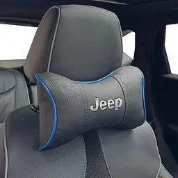 Подушка на підголівник з логотипом Jeep Екошкіра 3D Кольоровий лого Чорні-Синій кант 1 шт