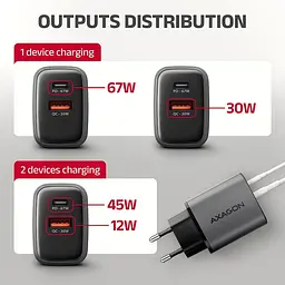 Мережевий зарядний пристрій з дисплеєм AXAGON ACU-PQ67D, 2x port (USB + USB-C), PD3.0/QC4+/PPS/Apple, 67W, сірий - мініатюра 4