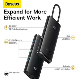 USB-хаб Baseus Lite Series 5-Port Type-C HUB Docking Station Black (WKQX040001) [89299] - мініатюра 7
