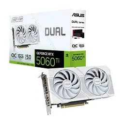 Відеокарта GeForce RTX 5060 Ti, ASUS, DUAL OC (білий Edition), 16Gb GDDR7, 128-bit, HDMI/3xDP, 2632/28000 MHz, 8-pin