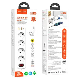 Мережевий продовжувач Hoco NS1 Aura 4-bit (4 х розетки 3 х USB) білий - мініатюра 4