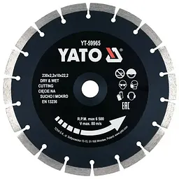 Диск відрізний алмазний по каменю і бетону YATO Ø=230x2.2x10x22.2 мм (YT-59965)