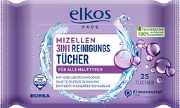 Серветки для очищення обличчя Elkos 3в1 з міцелярною водою для всіх типів шкіри 25 шт. Серветки з міцелярною водою
