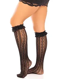 Гольфи ажурні Leg Avenue Sweetheart Ruffle Cuff Knee Highs, чорні, з рюшами, малюнок сердечка